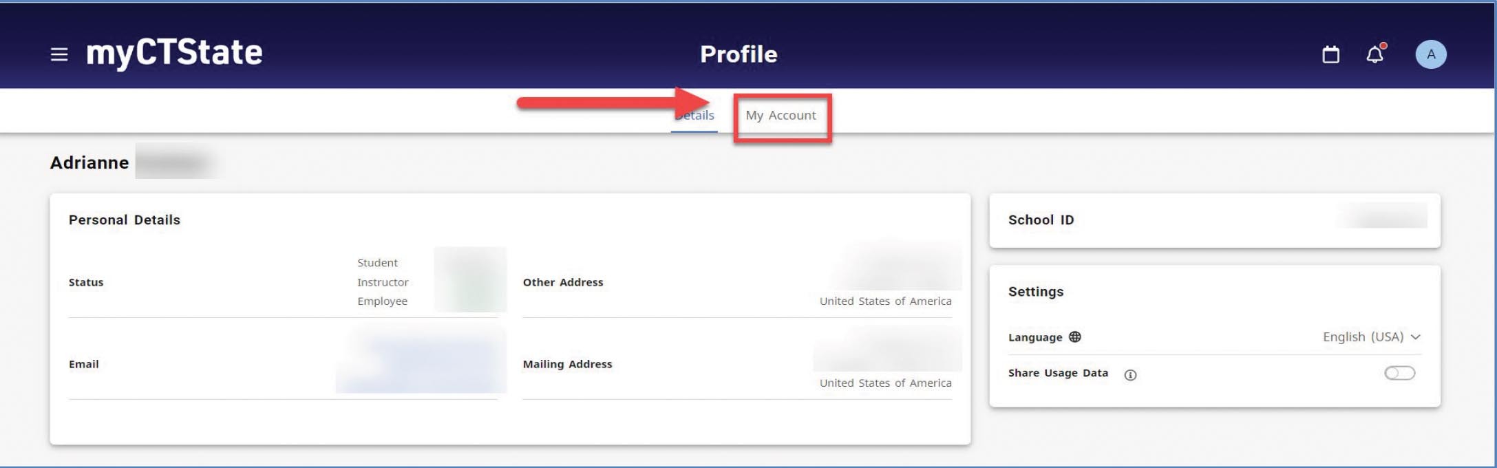 screenshot of myCTState highlighting "My Account" button