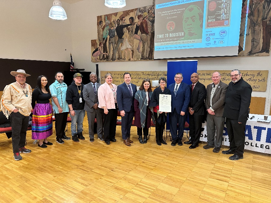 group of CT State leaders with Indigenous signers at opening ceremony