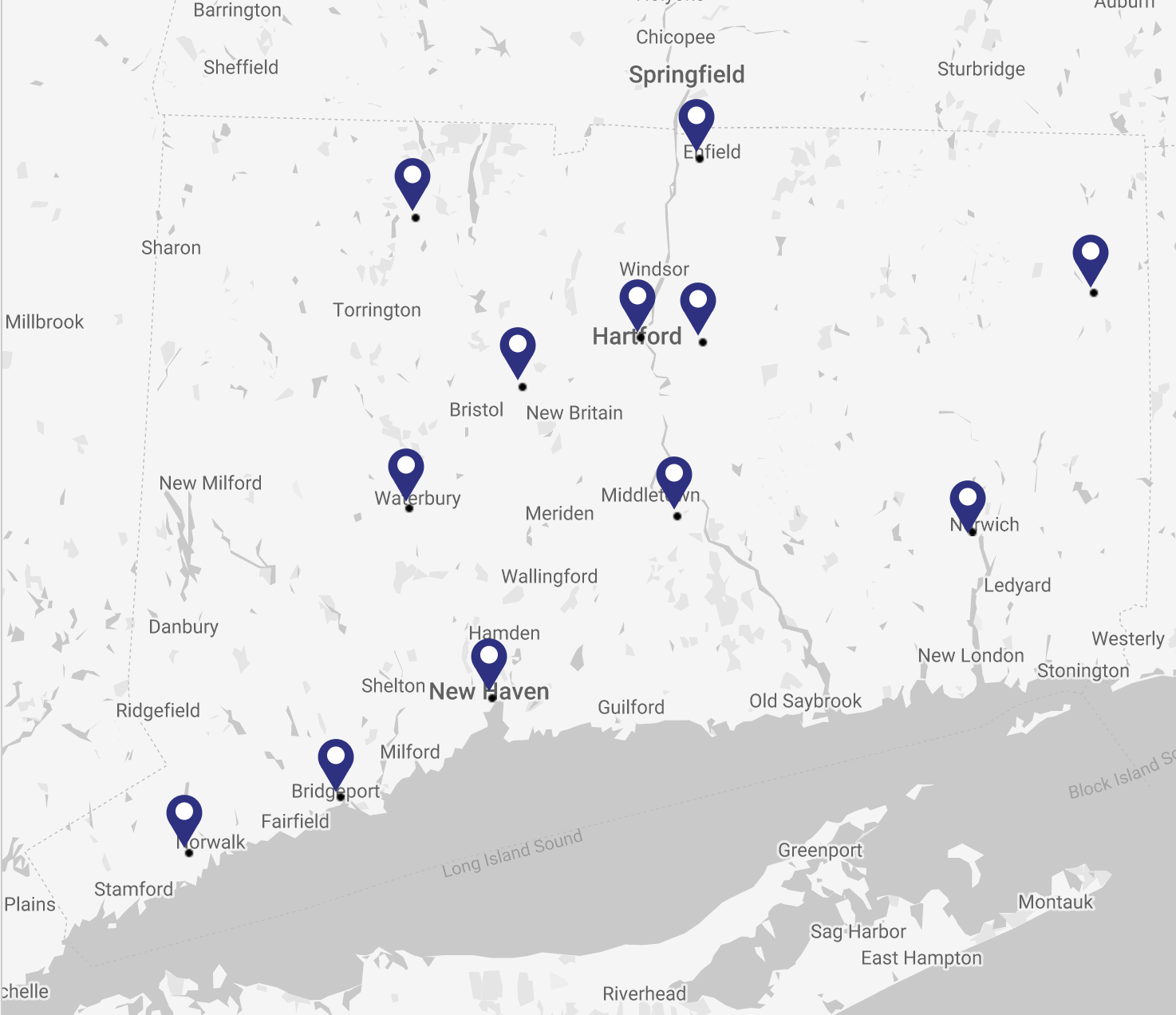 map of CT with pins showing the different CT State campuses throughout the state.